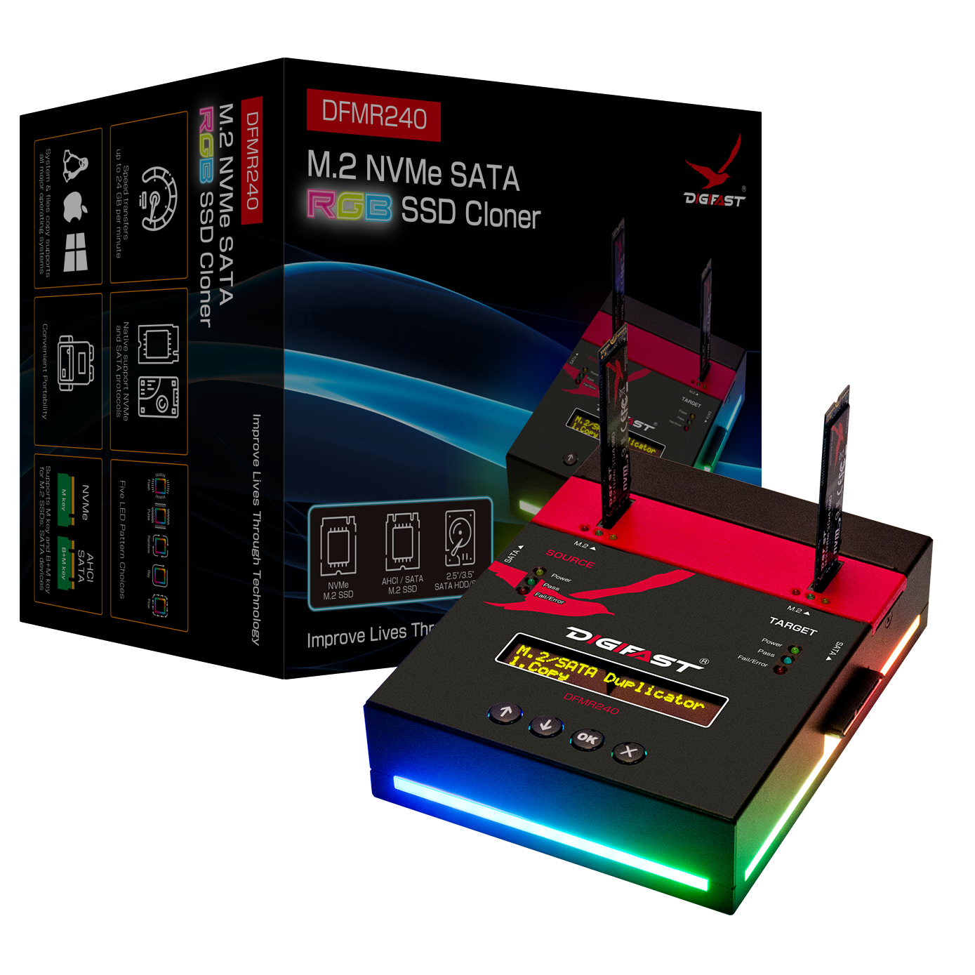 Digifast M.2 NVMe SATA RGB Cloner And Eraser 1-1, Customizable RGB Design, Cross Duplication, Copy up to 24 GB/min