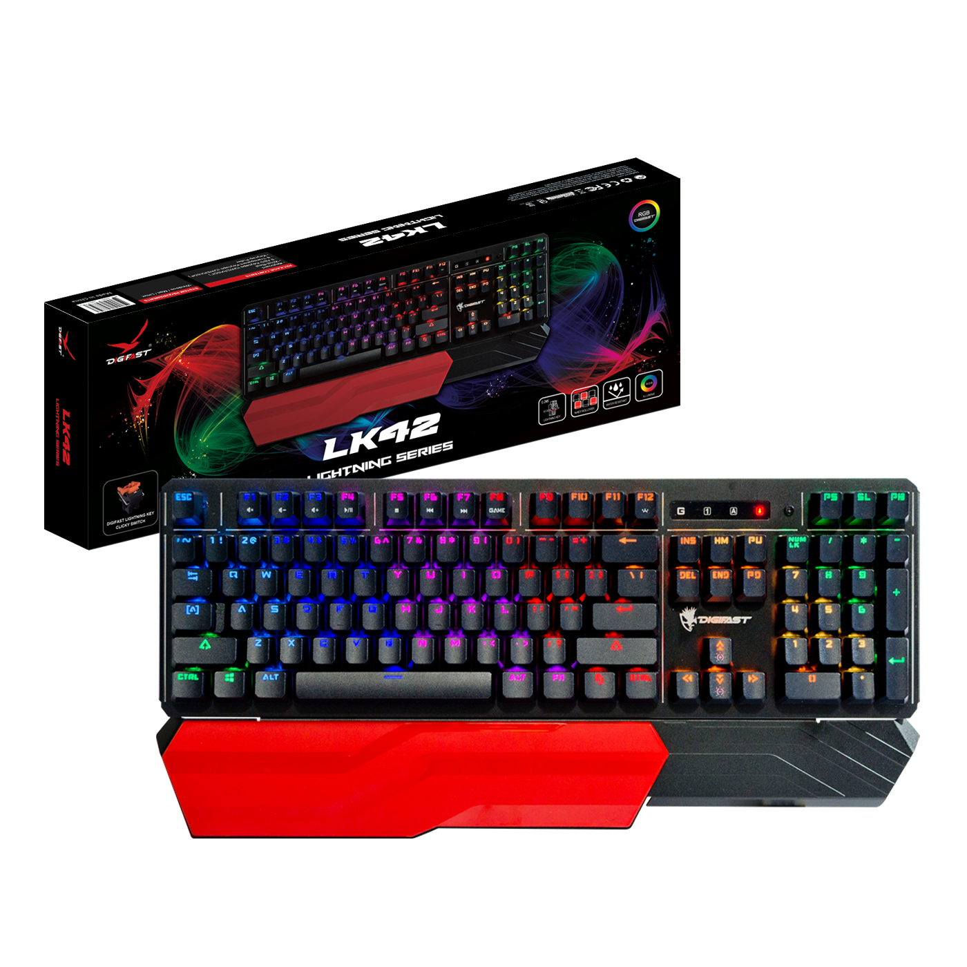 Digifast LK42 Mechanical RGB Gaming Keyboard, Optical Clicky Switches 100 million durability, Customizable Color, Water-Resistant Design, Wrist Rest
